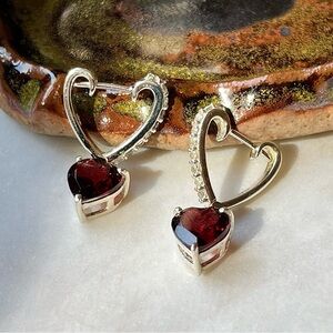 Sterling Silver Garnet and White Topaz Pave Heart Charm Huggie Earrings